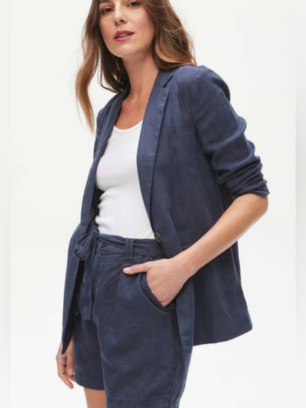 Michael Stars Navy Single-Button Lottie Blazer 100% Linen Women's Medium